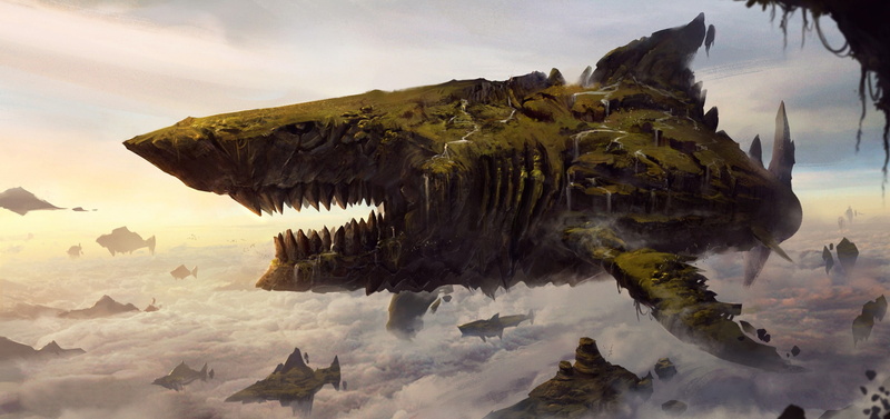 digital art, artwork, 1080P, floating island, fantasy art, shark