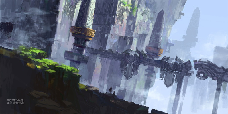 fantasy world, painting, low angle view, day, belief, built structure, 1080P, floating island, architecture, artwork, Fantasy, sky, no people, travel destinations