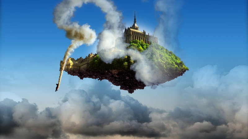 smoke, tower, architecture, 720P, floating island, clouds, ancient, plants, building, digital art, cathedral