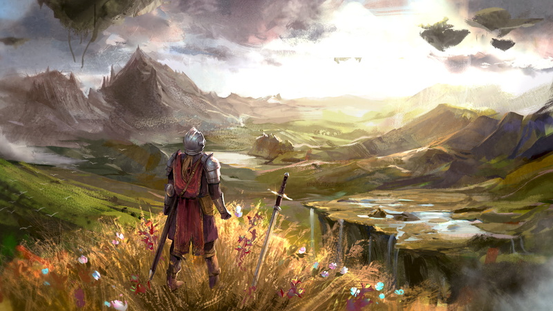 Woman Warrior, 1080P, Sword, Knight, Floating Island, Landscape, Fantasy