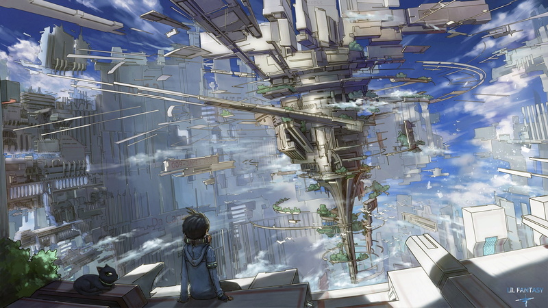 Anime, floating island, sci-fi, sitting, fantasy world, 1080P, anime boy