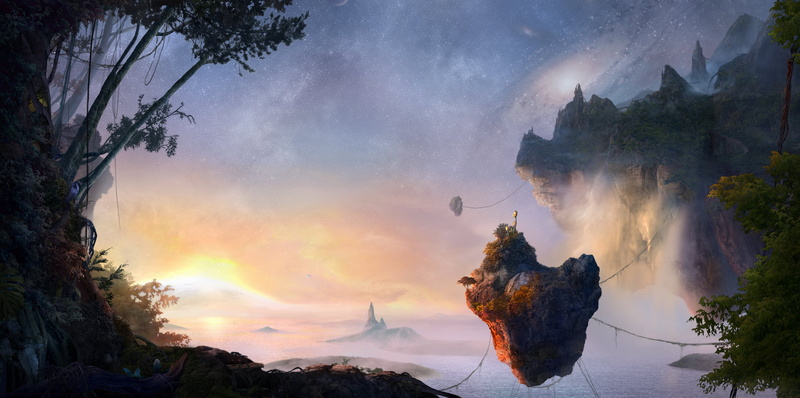 panoramic, tree, dusk, sky, 1080P, mountain, cloudscape, backgrounds, land, light - Natural Phenomenon, Islands, rock - Object, fog, no people, jungle