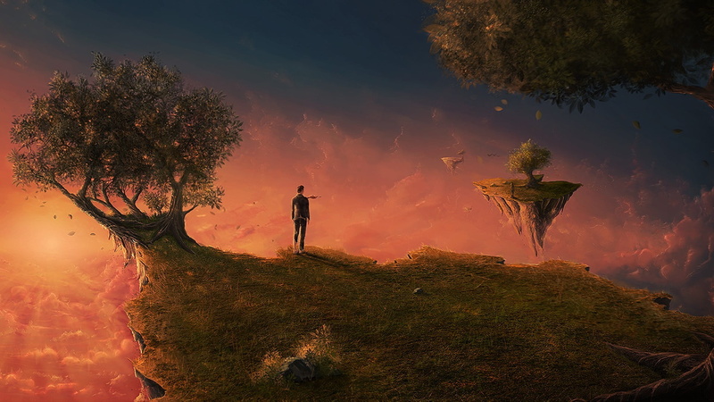 women, dawn, space, forest, man, sunrise - Dawn, costume, growth, standing, sunbeam, art, Islands, nature, silhouette, mountain, digital painting, sleep