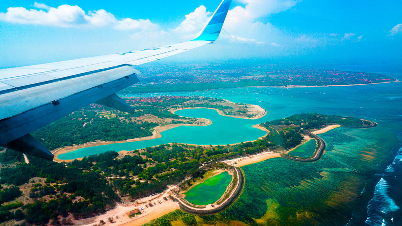 no people, transportation, denpasar, travel, daytime, aircraft, environment, airplane, coast, inside, ocean, day, high, scenery, landscape, turquoise colored