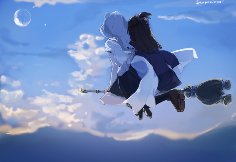 day, nature, rear view, 1080P, Diana Cavendish, two people, outdoors, sky, women, mountain, sunlight, Anime, low angle view, people, flying, beauty in nature
