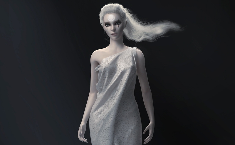 fantasy art, fantasy girl, young adult, fashion model, women, white color, standing, dress, waist up, video games, front view, black background, hairstyle