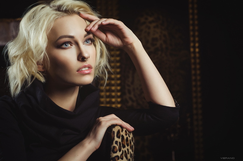 women, blue eyes, 1080P, Nikolas Verano, nose ring, portrait, face, blonde