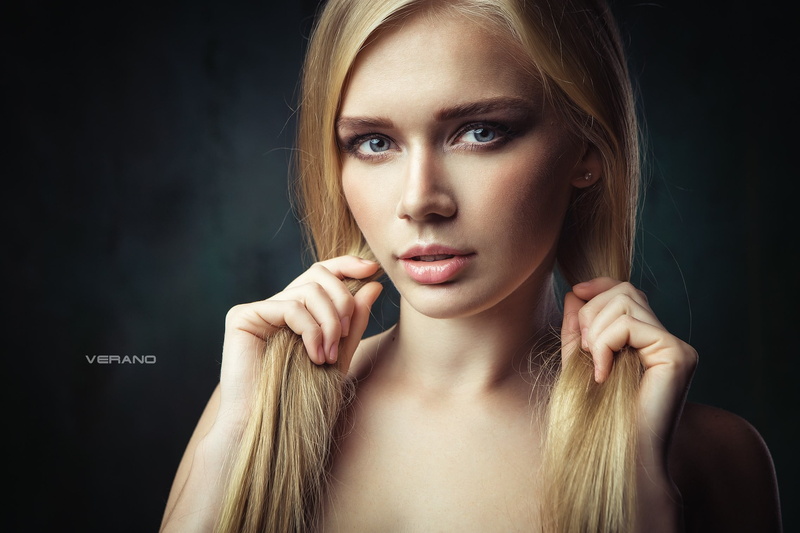 headshot, black background, 1080P, studio shot, human face, straight hair, Yulia Vasilieva, hairstyle, teenager, front view, portrait, human hair, contemplation