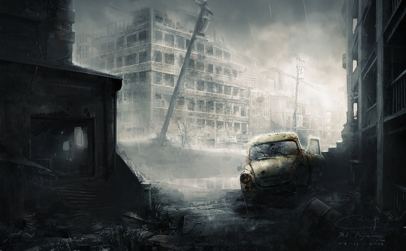 day, street, digital composite, grunge, spooky, window, demolished, outdoors, old, architecture, car, industry, city, dirty, run-Down, ruined, rain, 1080P