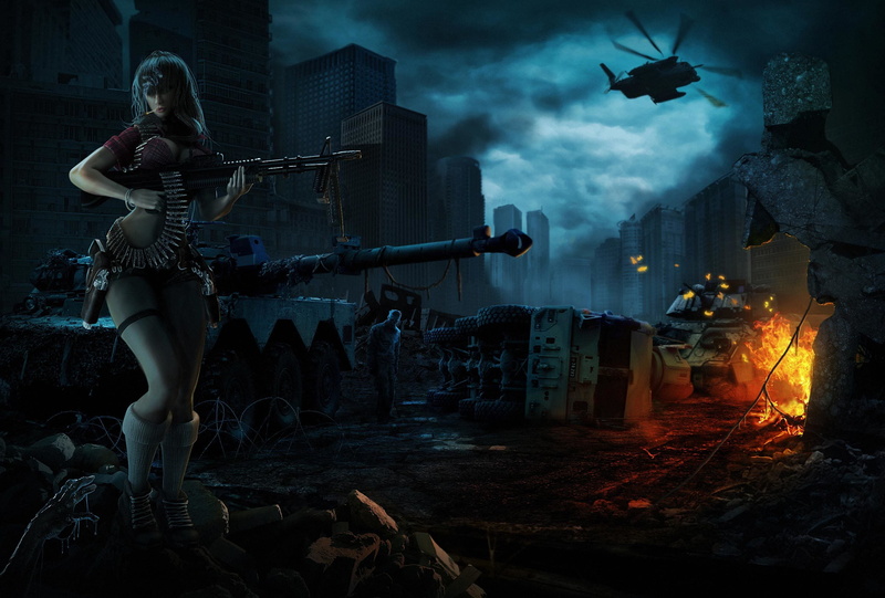 army, 2K, building exterior, holding, rifle, military, aggression, heat - temperature, musical instrument, architecture, standing, night, city