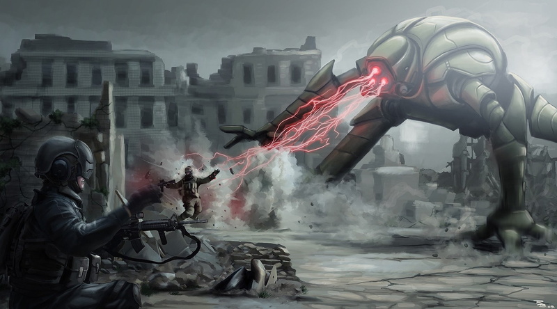 weapons, monster, 1080P, smoke, helmet, ruins, digitalinkrod, laser, machine, soldiers, ray, robot, battle, art