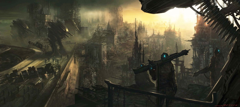 robot, dual, sci fi, ruins, apocalyptic, dark, soldiers, robots, weapons, machines, 1080P, art, army, city, multi