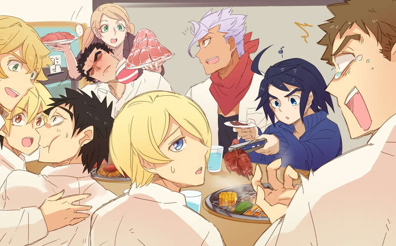 augus, mikazuki, frankland, itsuka, konachan, suit, 240231, drink, tears, gundam, lafter, food, tagme, (artist), male, (character), mobile, orga, group