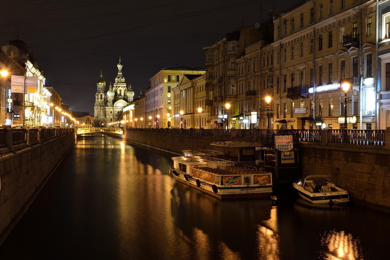 Lights, building exterior, boat, Night, canal, city, nature, white, 1080P, no people, nautical vessel, Peter, St. Petersburg, bridge - man made structure