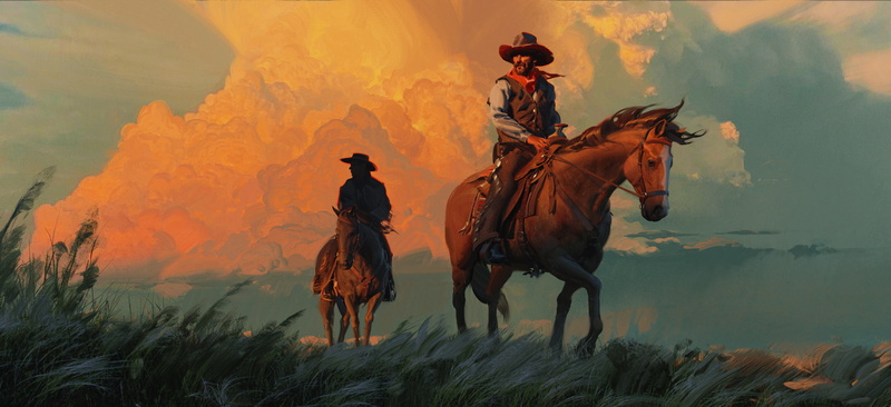 grass, 2K, painting, cowboy hats, scarf, cowboys, clouds, men, wind, horse, western, Jama Jurabaev