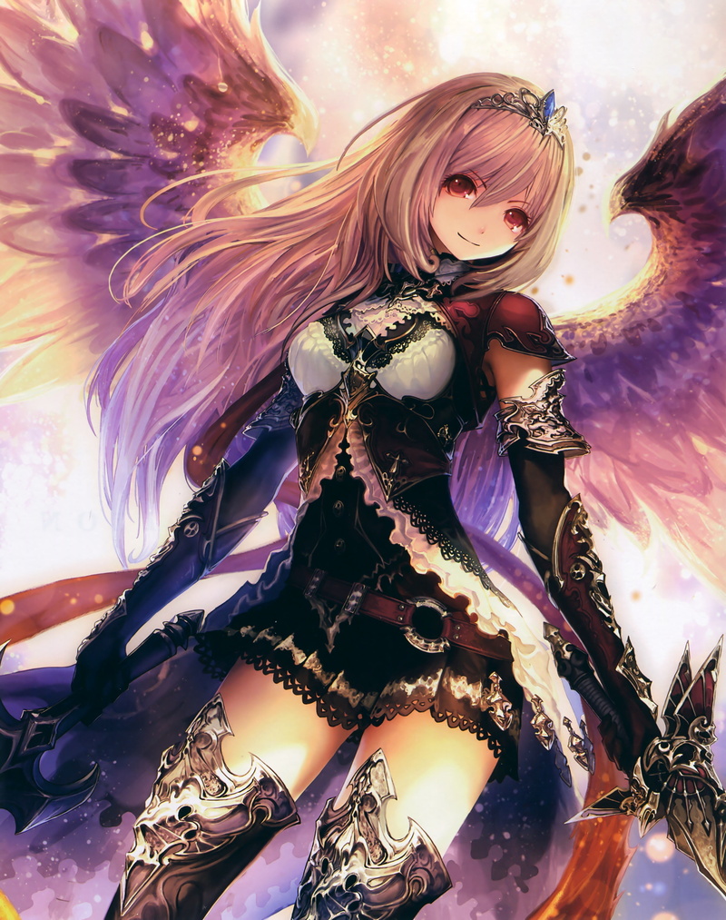 brown eyes, wings, long hair, anime girls, Tachikawa Mushimaro, weapon, brunette, anime, sword, angel, 2K