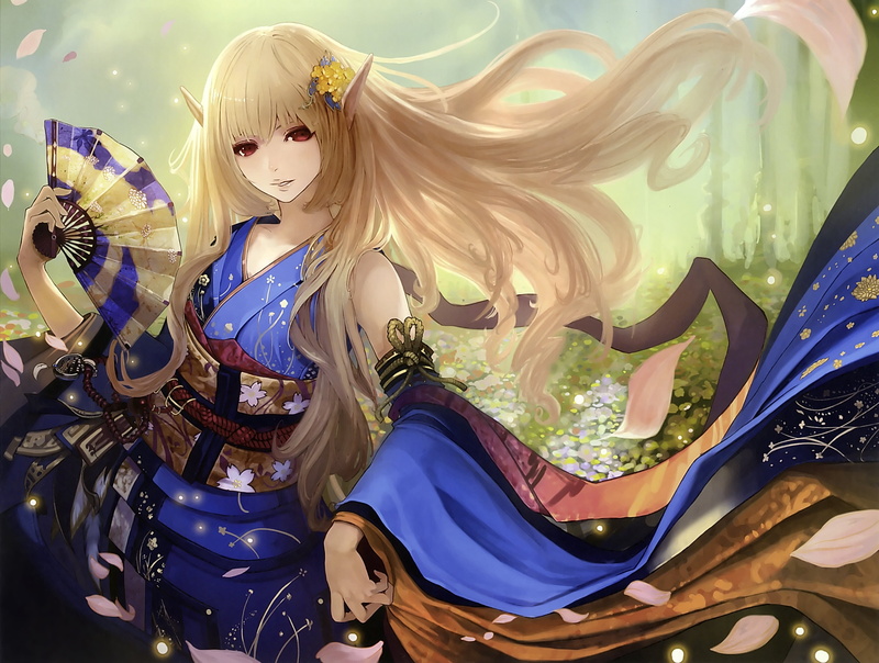 ears, petals, clothes, pointed, blonde, scan, eyes, 4K, mushimaro, red, fan, hair, japanese, tachikawa