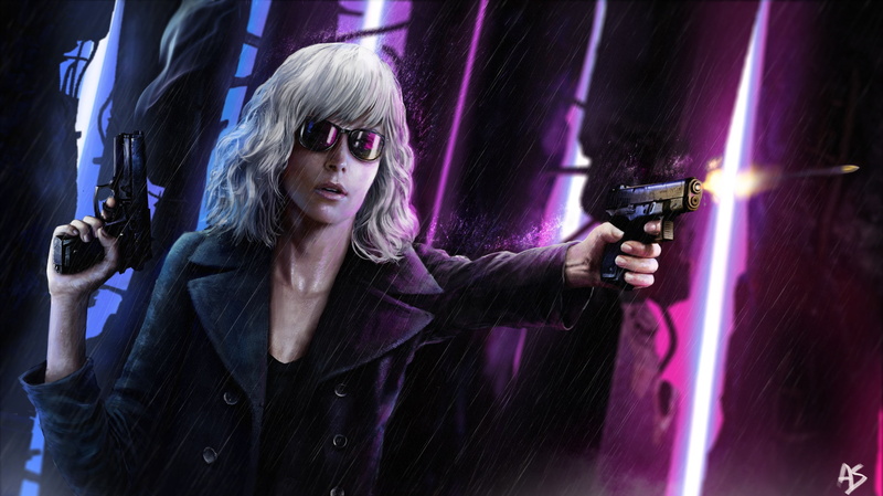 holding, blond hair, young adult, nightlife, one person, night, waist up, hairstyle, looking at camera, artwork, girls with guns, women with shades, purple