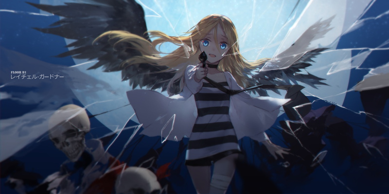 wings, 4K, yandere, gun, satsuriku no tenshi, Anime, blonde, ray