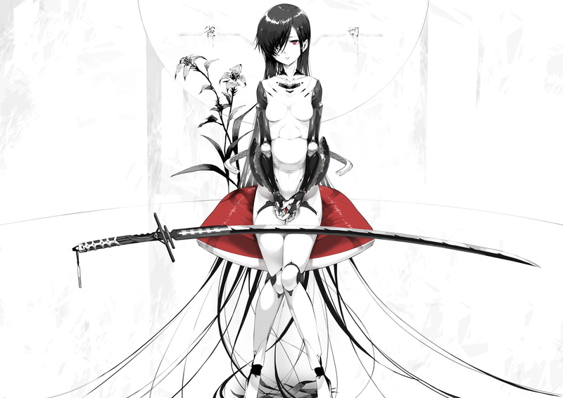 leisure activity, anime girls, red, sky, front view, day, long hair, low angle view, standing, art and craft, representation, outdoors, sport, katana, craft