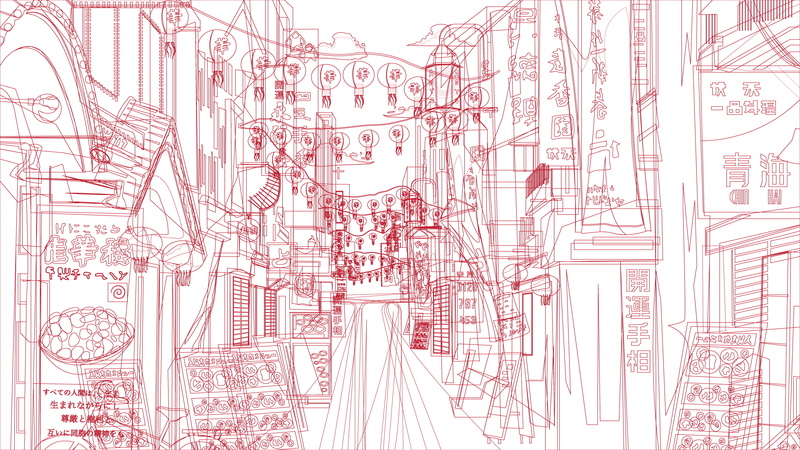 street art, outline, illustration, Japanese Art, city, alleyway, antographics, 4K