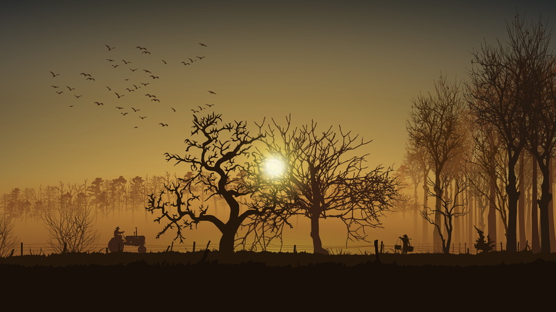 digital, trees, Sun, sunset, vector, vector art, sunrise, farmers, metalanguage, Stan Prokopenko, tractors, dawn, sparrow, silhouette, dusk, 4K, illustration