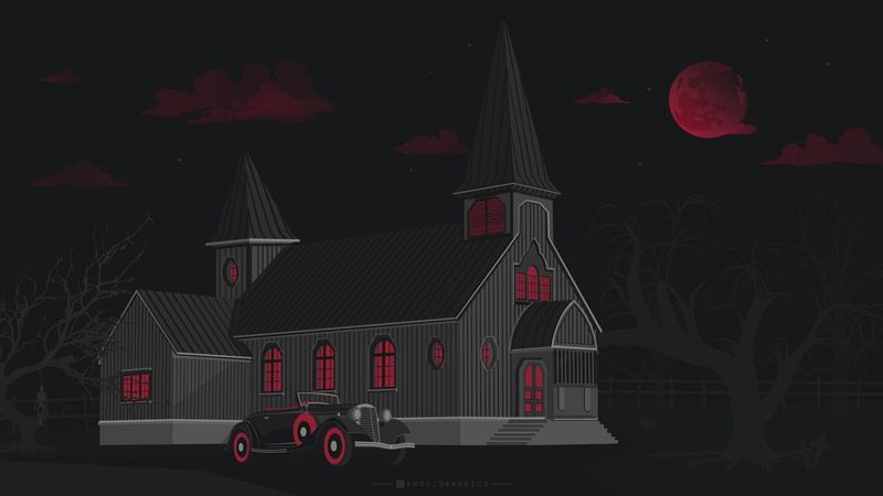 Haunted Mansion, horror, trees, automotive, vintage, house, antographics, dark, red, mansion, fence, digital, Blood moon, Moon Castle, cross, neon, silhouette