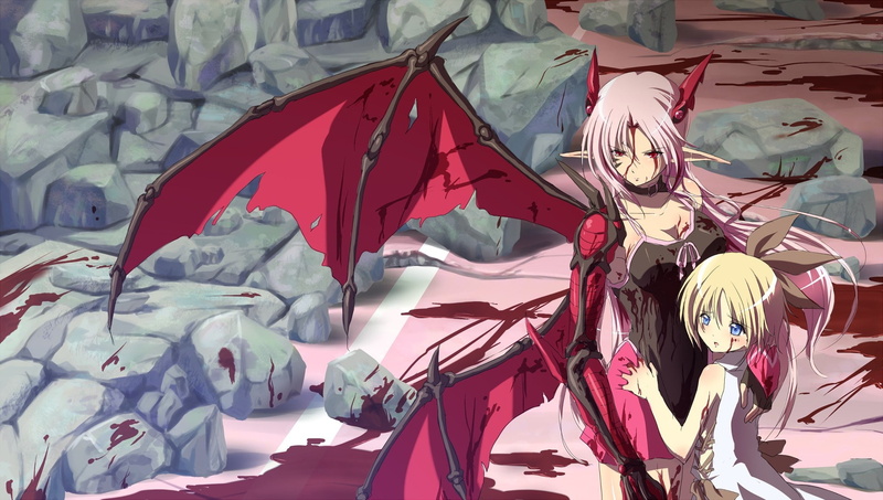 1080P, sword, battlefield, oni, vampire, rock, blade, powerful, girl, devil, combat, blood, anime, wing, horn, ken, bishojo