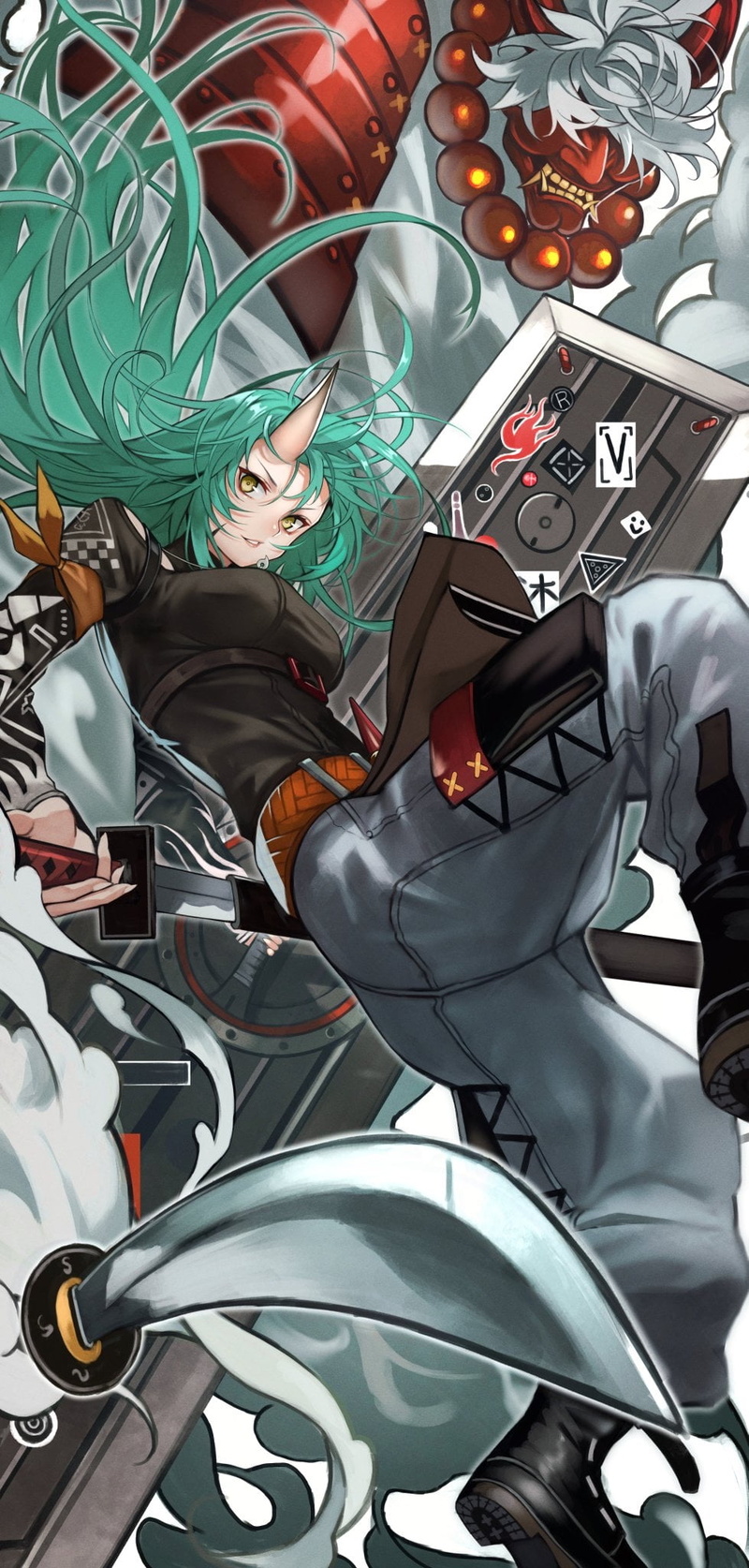 katana, Yoshio (artist), 1080P, Arknights, yoshi55level, Hoshiguma (Arknights), anime girls, horns, vertical, green hair, anime, Oni
