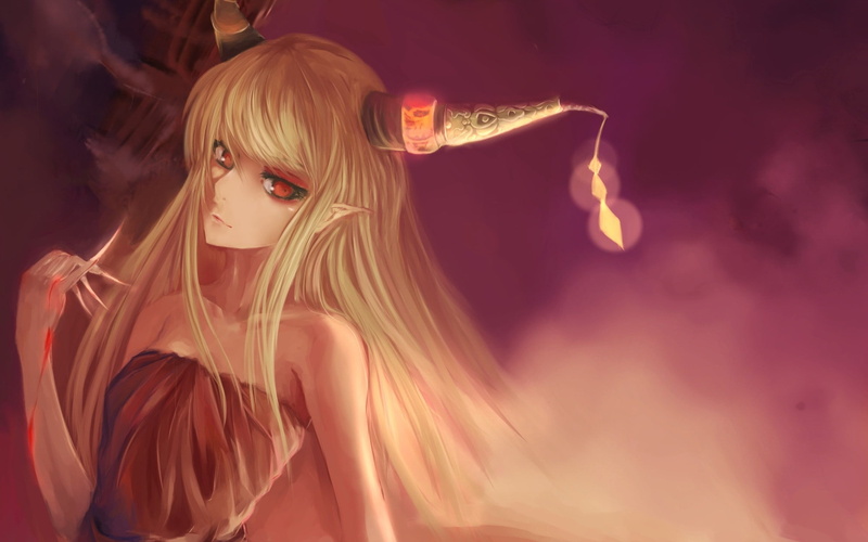 games, girls, touhou, suika, horns, hd, oni, long, x, red, blondes, art, anime, demons, hair, ibuki, eyes, video, Video Games, 1080P