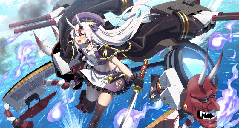 white hair, Azur Lane, black stockings, 1080P, Hololive, red eyes, long hair, Nakiri Ayame, katana, coats, uniform, crossover, hair bows