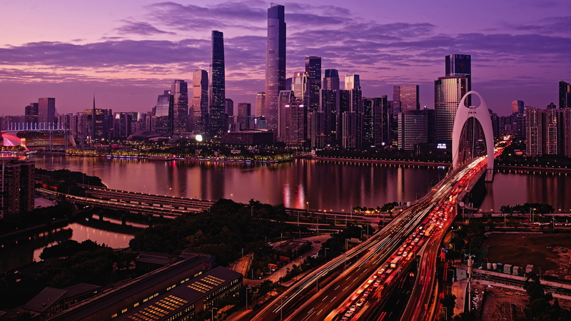 4K, china, canton, purple cityscape, river, long exposure photography, pearl river, long-exposure photography, guangzhou, liede bridge, asia
