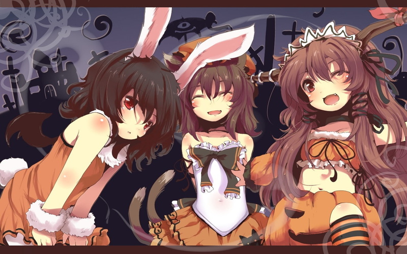 oni, touhou, long, ears, brunettes, girl, bunny, art, lolitas, animal, 720P, nekomimi, hat, short, horns, hair, cats, halloween, animals, hai, hd