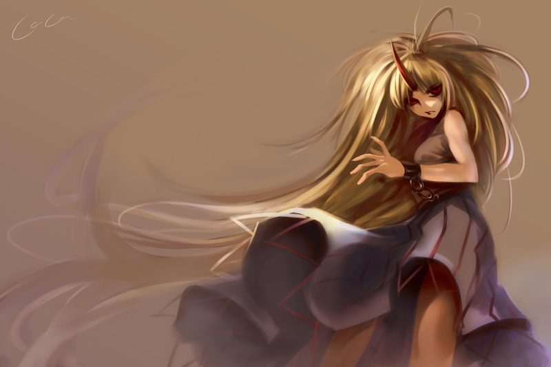 demon, horns, girl, hd, eyes, art, long, touhou, cuffs, skirts, 1080P, hair, oni, red, demons, chains, hoshig, video, blondes, Video Games, games
