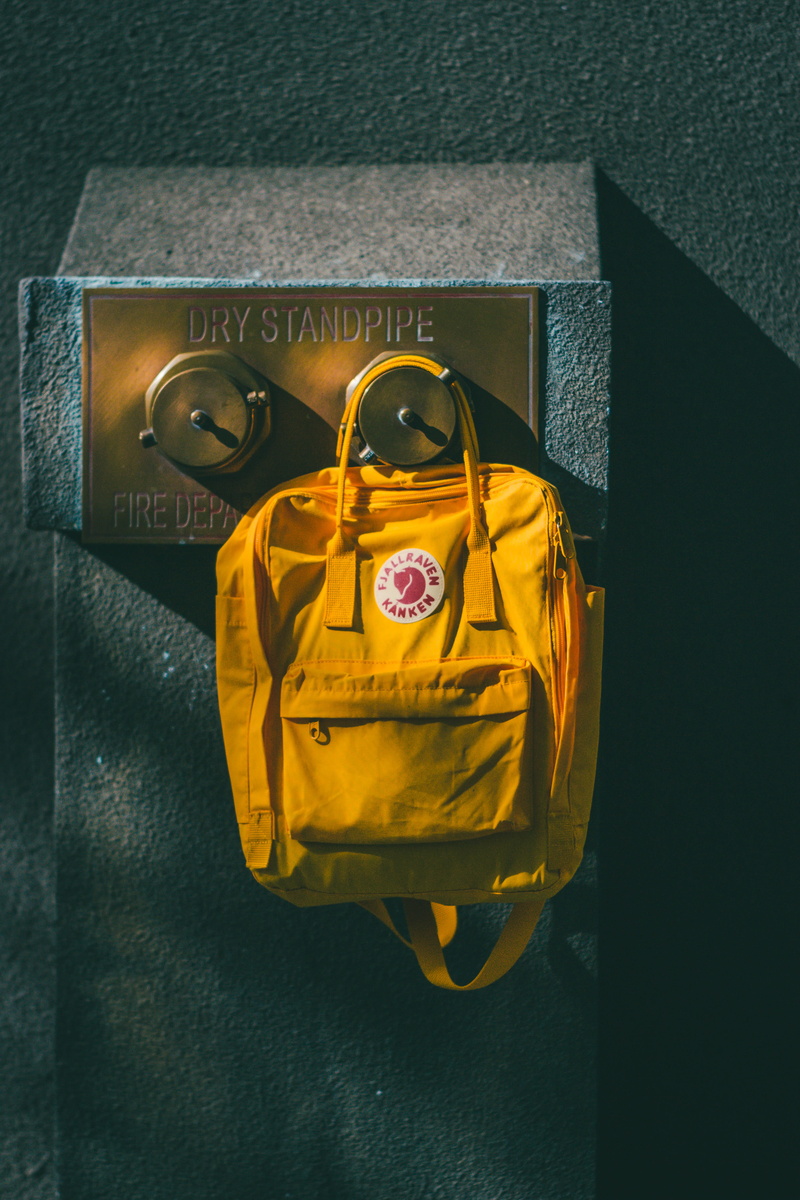 4K, brown, kanken, no People, luggage, yellow, backpack, backgrounds, fjallraven, hanging, accessory, hang, gift, black Color, minimal, wall, personal Accessory