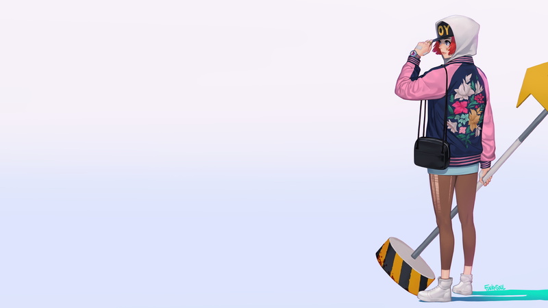 hoods, looking into the distance, purses, 2D, back, illustration, shadow, watch, digital art, simple background, minimalism, 4K, blue eyes, women, artwork