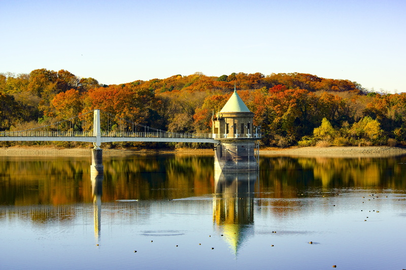 water, autumn, autumnal leaves, sky, change, sayama hill, reflection, architecture, reservoir, intake tower, japan, nature, landscape, lake, no people
