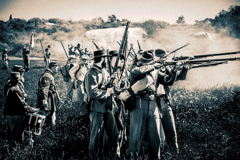 weapon, army soldier, reenactment, antique gas and steam engine museum, outdoors, military, special forces, day, war, blackandwhite, battle, civil war