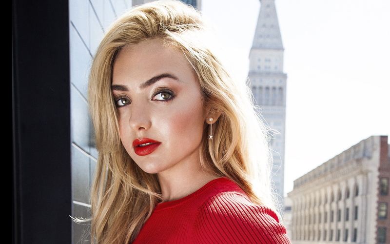 built structure, blond hair, List, human face, young women, red, headshot, 2K, beauty, Peyton, young adult, building exterior, portrait, 2017, one person