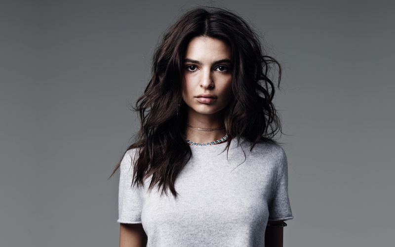 brunette, looking at camera, indoors, long hair, studio shot, 2K, portrait, hair, women, beauty, standing, young adult, gray, Emily Ratajkowski, model