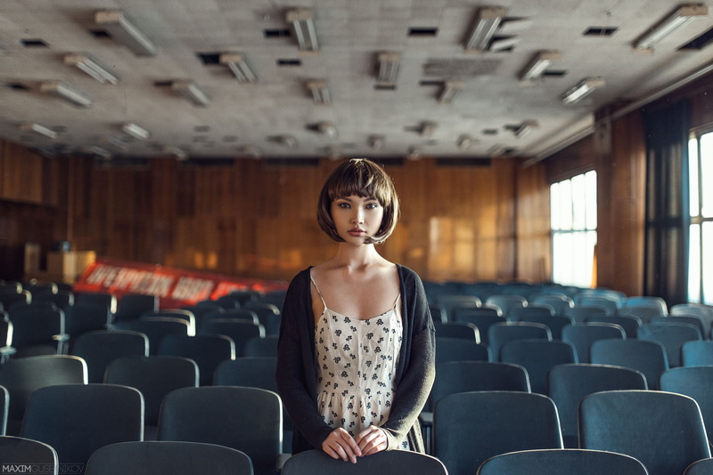 dress, auburn hair, sitting, business, model, one person, front view, bangs, short hair, Maxim Guselnikov, Karina Kim, adult, 1080P, in a row, clothing