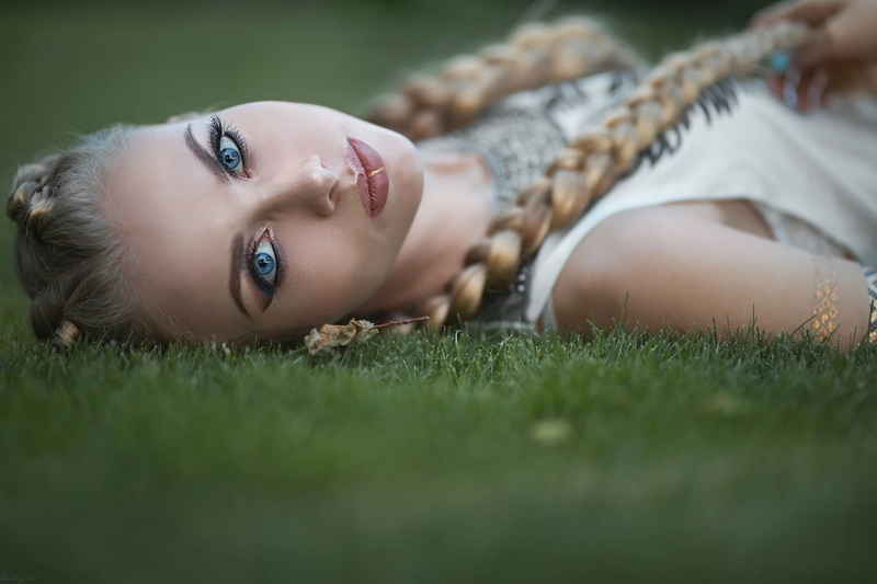 grass, face, 1080P, Dmitry Sn, Karina Tikhonovskaya, blue eyes, blurred, women, looking at viewer, Dmitry Shulgin, bokeh, lying on back, women outdoors