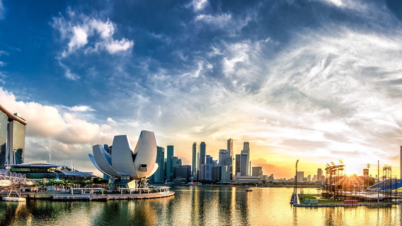 Dock, Skyscrapers, Beautiful, 1080P, Dawn, City, Singapore, Sunrise, Clouds