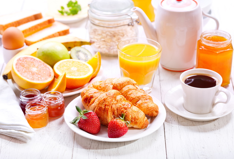 jam, cakes, growing, coffee, 4K, croissant, fruit, cup, Breakfast