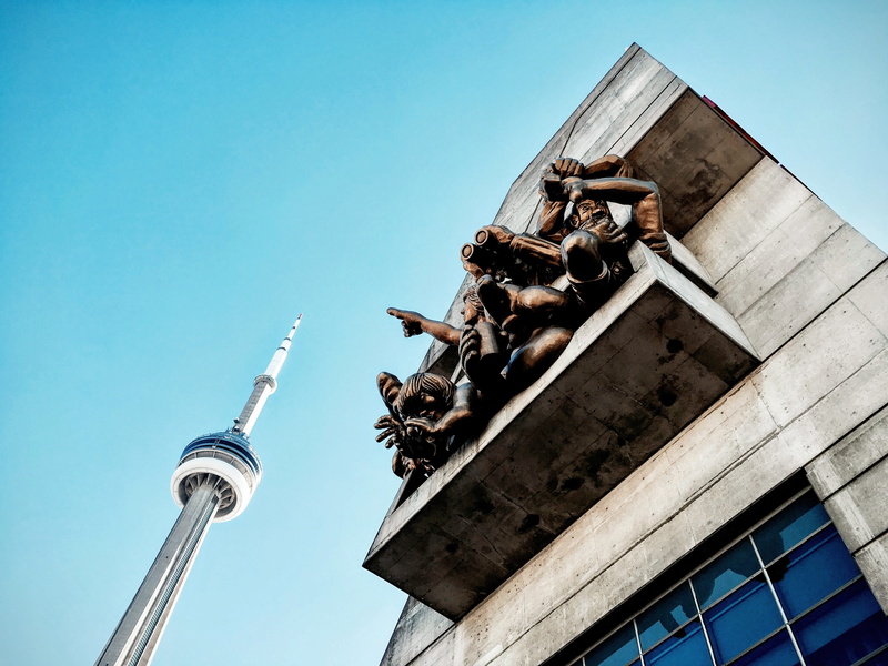 toronto, stadium, ontario, clear sky, art and craft, skyscraper, architecture, tourism, watching, sports, representation, low angle view, spire, building exterior