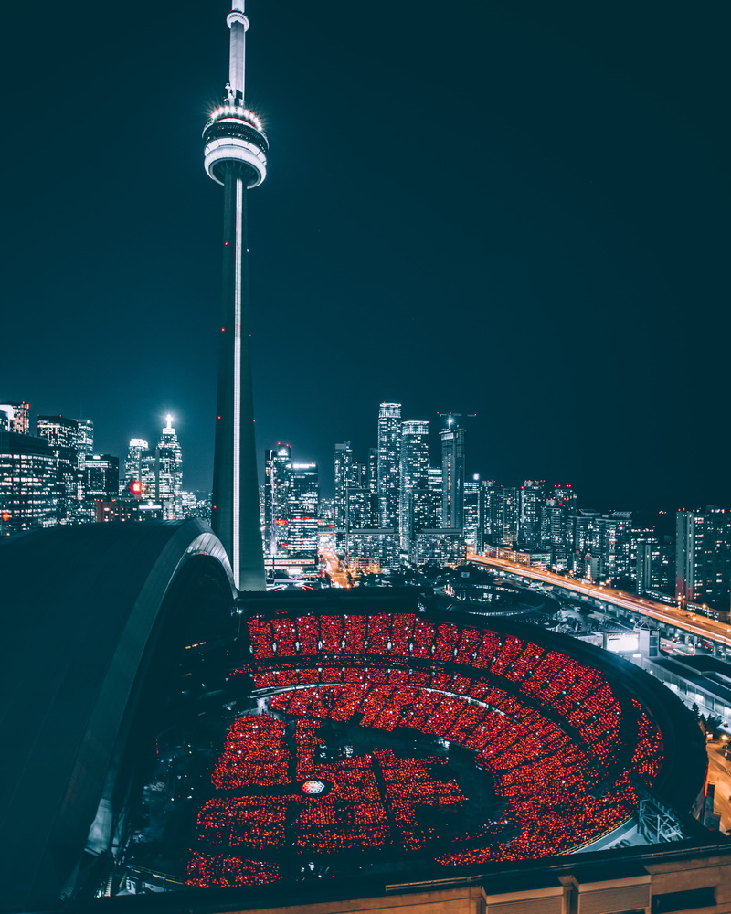 crowd, sky, transportation, cn, high angle view, tall - high, architecture, person, needle, illuminated, lights, nighttime, modern, toronto, building exterior