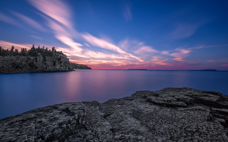 1080P, near, body, blue, Rocks, mountain, Sunrise, open, Ontario, brown, Sky, rock, Lake, photo, water