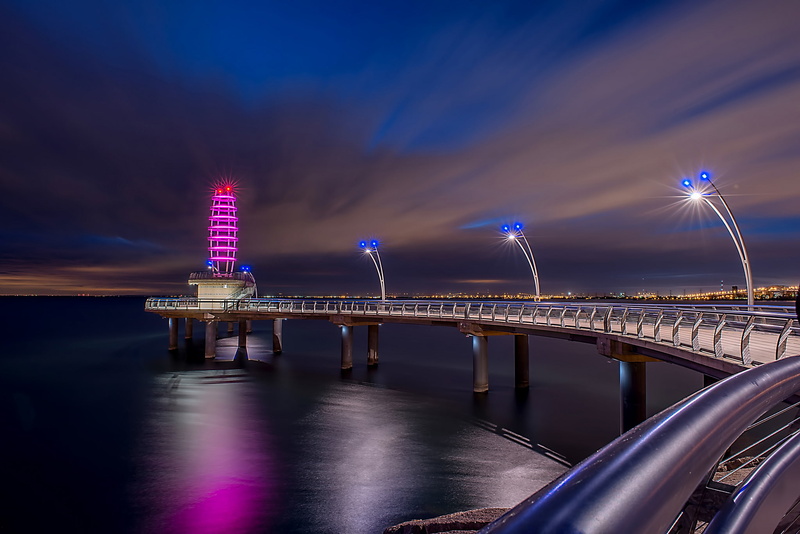 Burlington, lighting, Canada, bridge, night, metal, lights, gray, Ontario, railing, 1080P, the city, pierce, lake, backlight