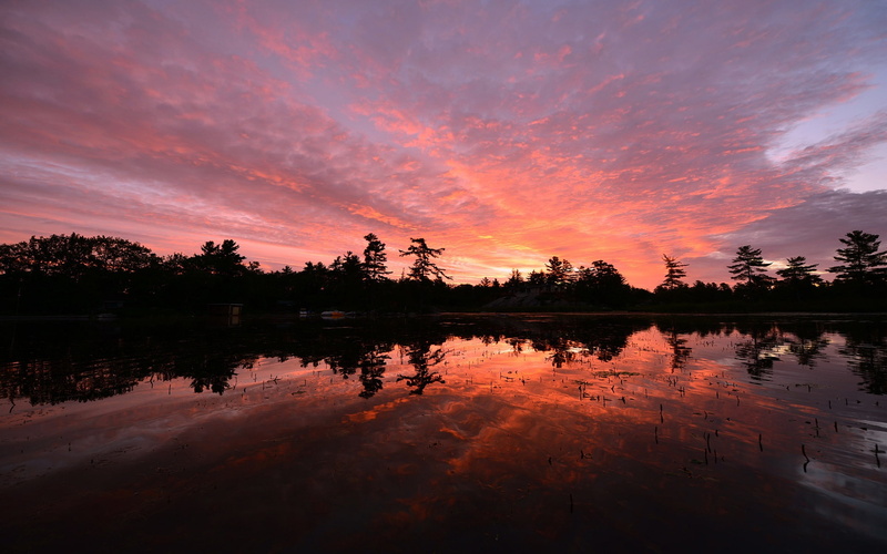 Water, Ontario, 1080P, Canada, Lake, Sunset, Reflection, Trees, Evening