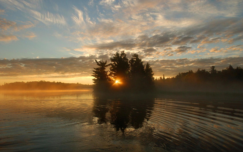 1080P, sunset, ontario, lake, trees, nature and landscapes, mist, woods